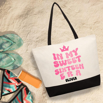 Personalized Large Canvas Tote Custom Beach Shopping Travel Bag Reusable Gift for Women Accessories Organizer In My Sweet Sixteen Era Pink