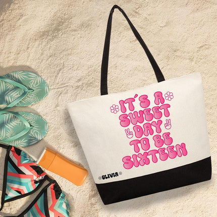Personalized Large Canvas Tote Custom Beach Shopping Travel Bag Reusable Gift for Women Accessories Organizer It Is A Sweet Day
