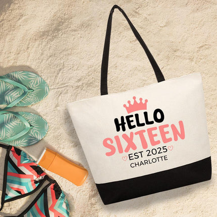 Personalized Large Canvas Tote Custom Beach Shopping Travel Bag Reusable Gift for Women Accessories Organizer Hello Sixteen