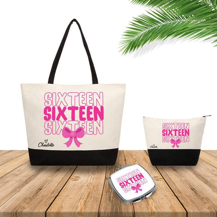 Personalized Bundle For Her Beach Tote Makeup Bag Mirror Travel Pouch Custom Gift Organizer Accessories Sixteen