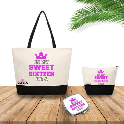 Personalized Bundle For Her Beach Tote Makeup Bag Mirror Travel Pouch Custom Gift Organizer Accessories In My Sweet Sixteen Era Purple