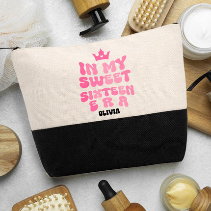 Personalized Bundle For Her Beach Tote Makeup Bag Mirror Travel Pouch Custom Gift Organizer Accessories In My Sweet Sixteen Era Pink