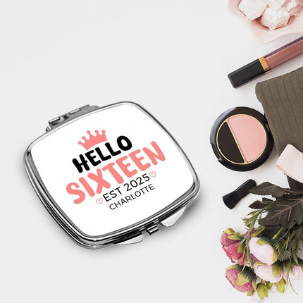 Personalized Handheld Mirror Compact Custom Travel Makeup Mirror for Women Portable Beauty Accessory Gift Hello Sixteen
