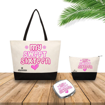 Personalized Bundle For Her Beach Tote Makeup Bag Mirror Travel Pouch Custom Gift Organizer Accessories My Sweet Sixteen