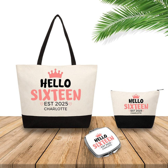 Personalized Bundle For Her Beach Tote Makeup Bag Mirror Travel Pouch Custom Gift Organizer Accessories Hello Sixteen