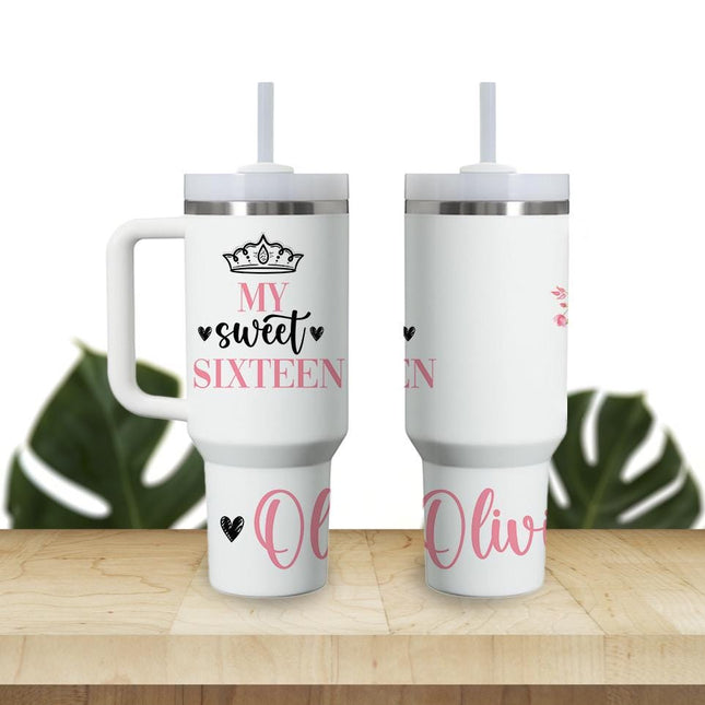 Custom Tumbler 40oz Personalized Name Insulated Bottle Water Sweet Sixteen Princess