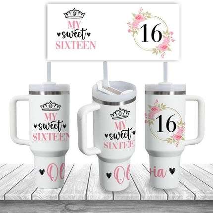 Custom Tumbler 40oz Personalized Name Insulated Bottle Water Sweet Sixteen Princess