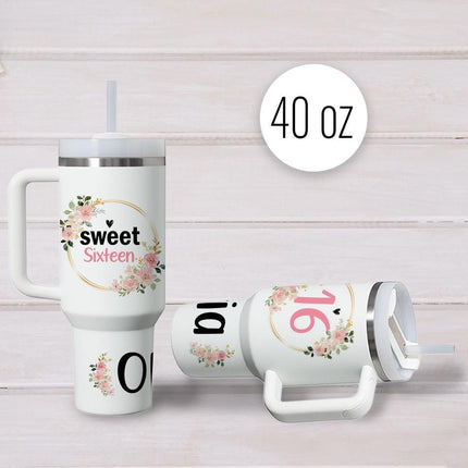 Custom Tumbler 40oz Personalized Name Insulated Bottle Water Frame And Name With Flowers