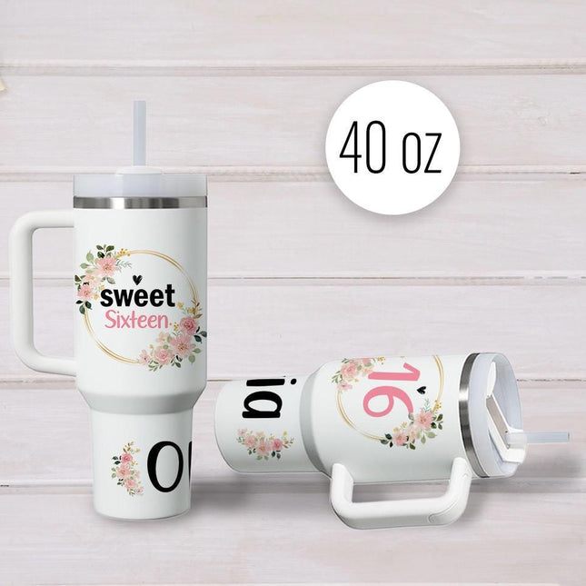 Custom Tumbler 40oz Personalized Name Insulated Bottle Water Frame And Name With Flowers