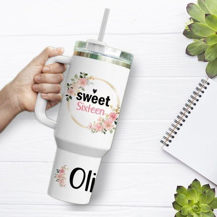 Custom Tumbler 40oz Personalized Name Insulated Bottle Water Frame And Name With Flowers