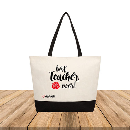 Personalized Large Canvas Tote Custom Beach Shopping Travel Bag Reusable Gift for Women Accessories Organizer Best Teacher Ever