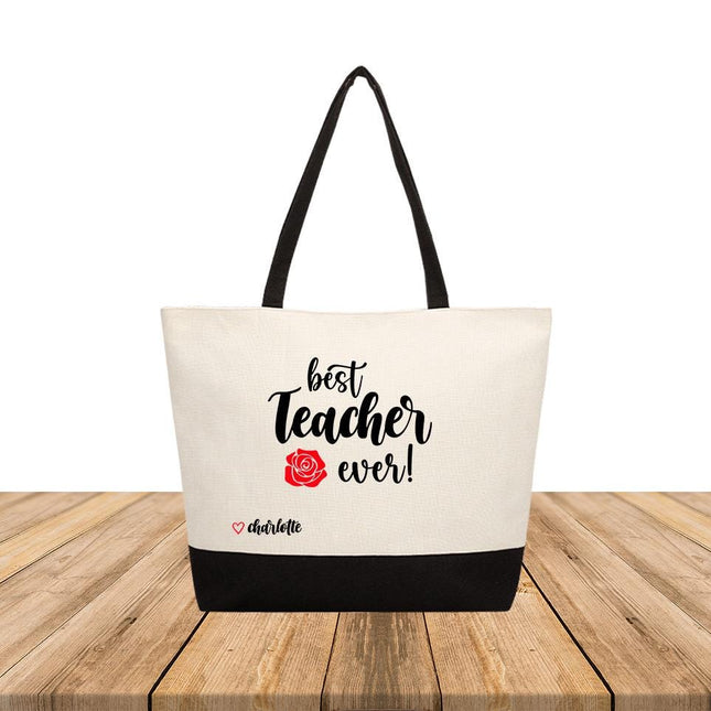 Personalized Large Canvas Tote Custom Beach Shopping Travel Bag Reusable Gift for Women Accessories Organizer Best Teacher Ever