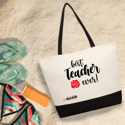 Personalized Large Canvas Tote Custom Beach Shopping Travel Bag Reusable Gift for Women Accessories Organizer Best Teacher Ever