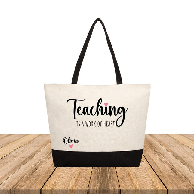 Personalized Large Canvas Tote Custom Beach Shopping Travel Bag Reusable Gift for Women Accessories Organizer Teaching Is a Work Of Heart