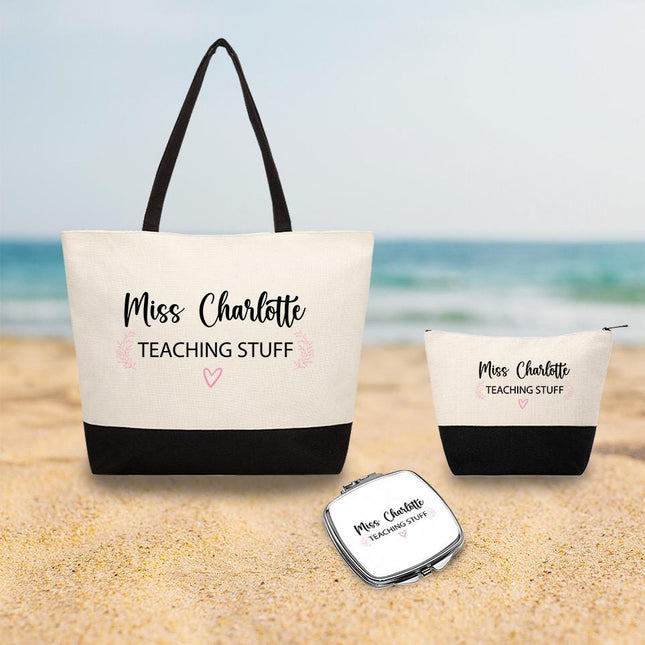 Personalized Bundle For Her Beach Tote Makeup Bag Mirror Travel Pouch Custom Gift Organizer Accessories Teaching Stuff
