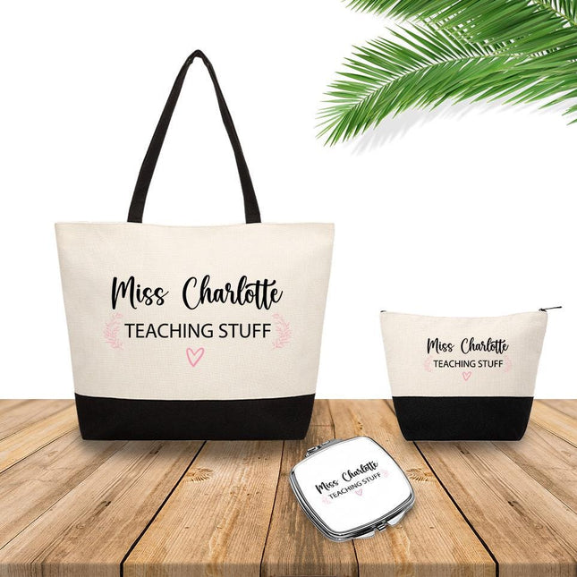 Personalized Bundle For Her Beach Tote Makeup Bag Mirror Travel Pouch Custom Gift Organizer Accessories Teaching Stuff