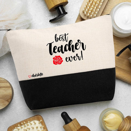 Personalized Bundle For Her Beach Tote Makeup Bag Mirror Travel Pouch Custom Gift Organizer Accessories Best Teacher Ever