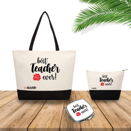 Personalized Bundle For Her Beach Tote Makeup Bag Mirror Travel Pouch Custom Gift Organizer Accessories Best Teacher Ever