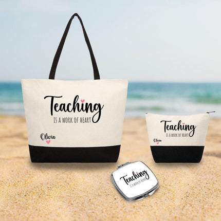 Personalized Bundle For Her Beach Tote Makeup Bag Mirror Travel Pouch Custom Gift Organizer Accessories Teaching Is a Work Of Heart