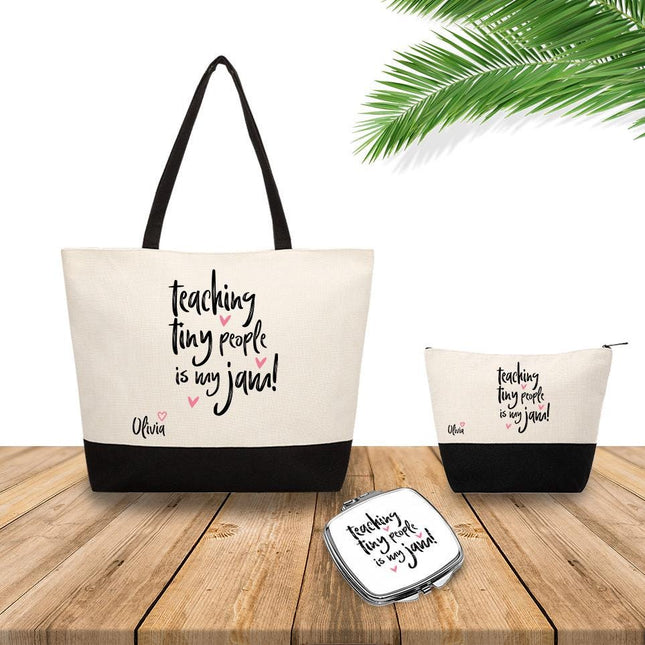 Personalized Bundle For Her Beach Tote Makeup Bag Mirror Travel Pouch Custom Gift Organizer Accessories Teaching Tiny People