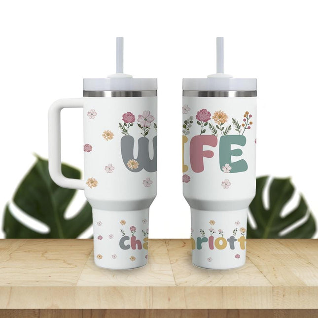Custom Tumbler 40oz Personalized Name Insulated Bottle Water Wife With Flowers