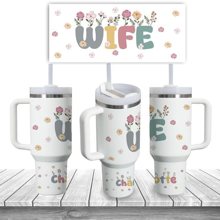 Custom Tumbler 40oz Personalized Name Insulated Bottle Water Wife With Flowers