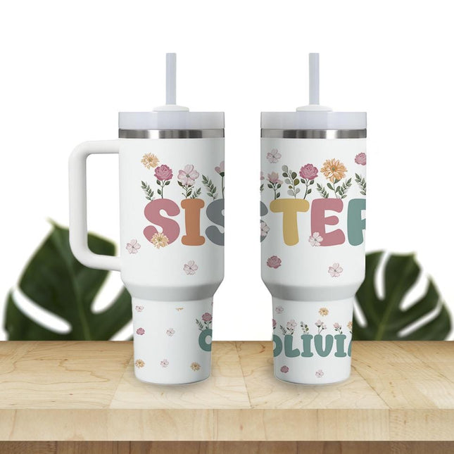 Custom Tumbler 40oz Personalized Name Insulated Bottle Water Sister With Flowers