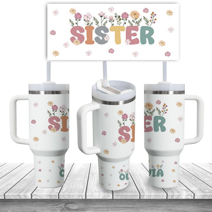 Custom Tumbler 40oz Personalized Name Insulated Bottle Water Sister With Flowers