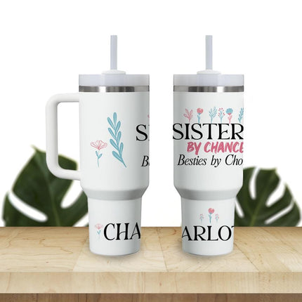 Custom Tumbler 40oz Personalized Name Insulated Bottle Water Sisters By Chance With Flowers