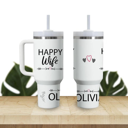 Custom Tumbler 40oz Personalized Name Insulated Bottle Water Happy Wife Happy Life Heart