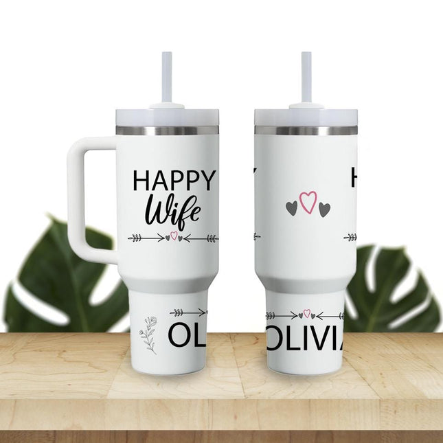 Custom Tumbler 40oz Personalized Name Insulated Bottle Water Happy Wife Happy Life Heart