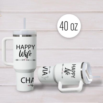 Custom Tumbler 40oz Personalized Name Insulated Bottle Water Happy Wife Happy Life Heart