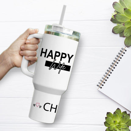 Custom Tumbler 40oz Personalized Name Insulated Bottle Water Happy Wife Happy Life