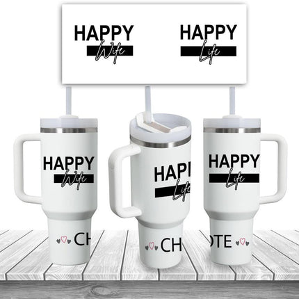Custom Tumbler 40oz Personalized Name Insulated Bottle Water Happy Wife Happy Life