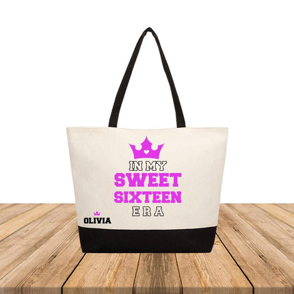 Personalized Large Canvas Tote Custom Beach Shopping Travel Bag Reusable Gift for Women Accessories Organizer In My Sweet Sixteen Era Purple