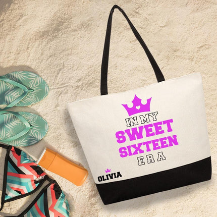 Personalized Large Canvas Tote Custom Beach Shopping Travel Bag Reusable Gift for Women Accessories Organizer In My Sweet Sixteen Era Purple