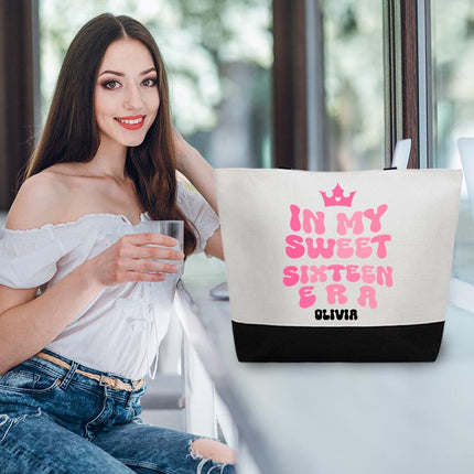Personalized Large Canvas Tote Custom Beach Shopping Travel Bag Reusable Gift for Women Accessories Organizer In My Sweet Sixteen Era Pink