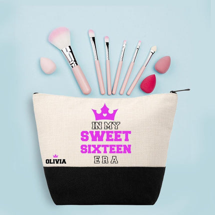 Personalized Makeup Bag Custom Travel Organizer Cosmetic Pouch for Women Toiletry Bag Accessories Storage Gift My Sweet Sixteen Era Purple