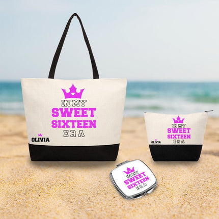 Personalized Bundle For Her Beach Tote Makeup Bag Mirror Travel Pouch Custom Gift Organizer Accessories In My Sweet Sixteen Era Purple