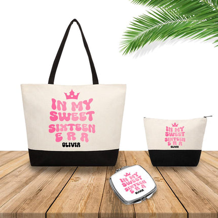 Personalized Bundle For Her Beach Tote Makeup Bag Mirror Travel Pouch Custom Gift Organizer Accessories In My Sweet Sixteen Era Pink