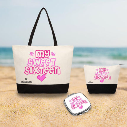Personalized Bundle For Her Beach Tote Makeup Bag Mirror Travel Pouch Custom Gift Organizer Accessories My Sweet Sixteen