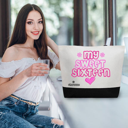 Personalized Bundle For Her Beach Tote Makeup Bag Mirror Travel Pouch Custom Gift Organizer Accessories My Sweet Sixteen