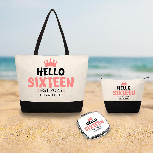 Personalized Bundle For Her Beach Tote Makeup Bag Mirror Travel Pouch Custom Gift Organizer Accessories Hello Sixteen