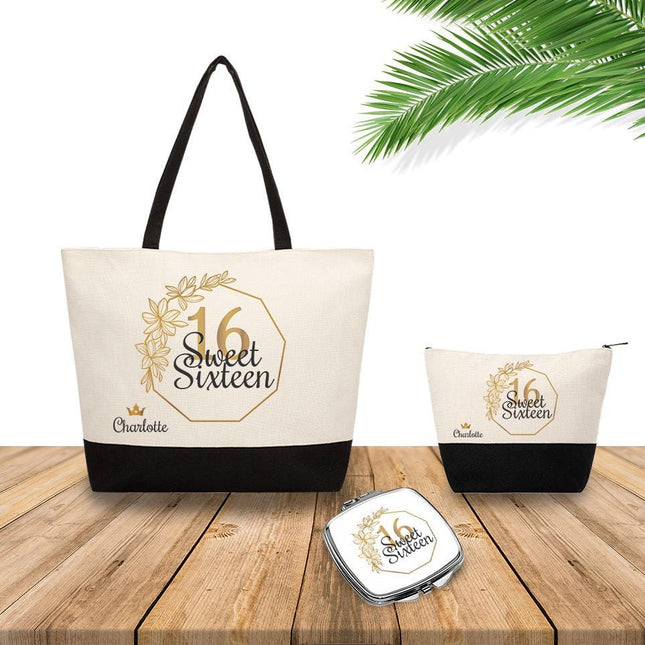 Personalized Bundle For Her Beach Tote Makeup Bag Mirror Travel Pouch Custom Gift Organizer Accessories Frame With Flowers