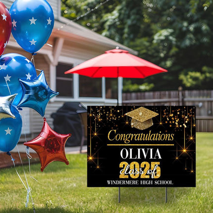 Yard Sign for graduation Party Decor Weatherproof Stake Included Black And Gold