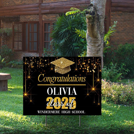 Yard Sign for graduation Party Decor Weatherproof Stake Included Black And Gold