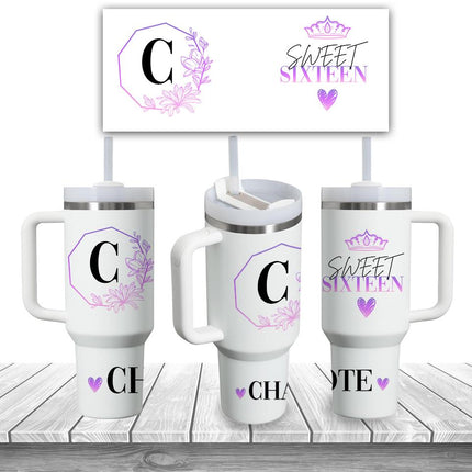 Custom Tumbler 40oz Personalized Name Insulated Bottle Water Initial And Sweet Sixteen