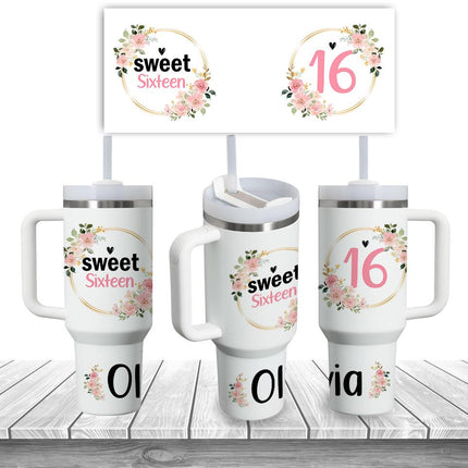 Custom Tumbler 40oz Personalized Name Insulated Bottle Water Frame And Name With Flowers