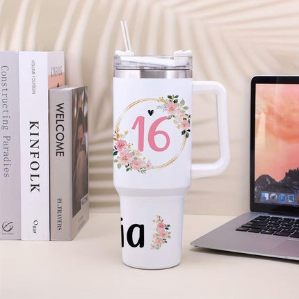 Custom Tumbler 40oz Personalized Name Insulated Bottle Water Frame And Name With Flowers
