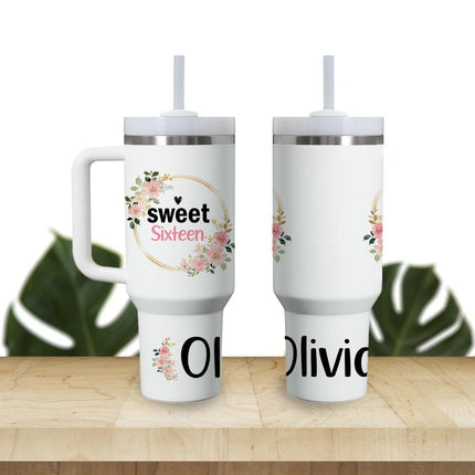 Custom Tumbler 40oz Personalized Name Insulated Bottle Water Frame And Name With Flowers